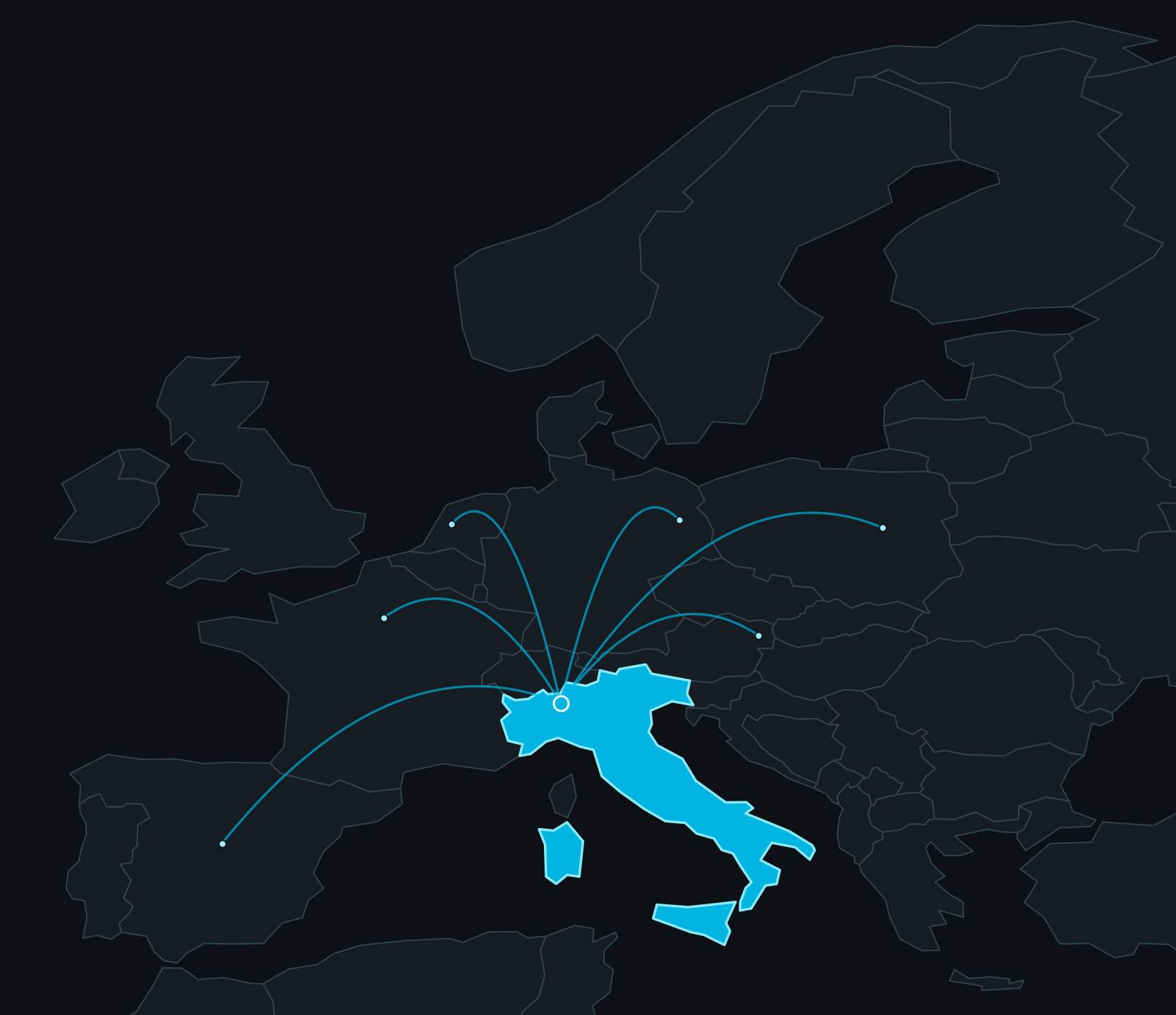 Mappa delle spedizioni dalla produzione in Italia verso l'Europa